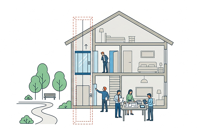 Comment choisir l’ascenseur idéal pour votre maison 2 Illustration d'experts planifiant l'installation d'un ascenseur technique dans une maison à deux niveaux