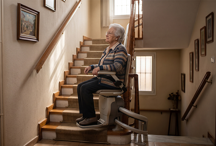 How to Choose Between a Home Lift and a Stairlift 2 Personne utilisant un monte-escalier installé dans les escaliers d'une maison individuelle